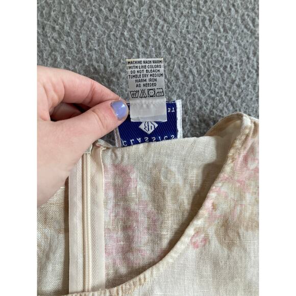 Eileen West Mini Dress 10P Linen Floral Short Sleeve Cream Pink Cottage Retro 10 - Picture 11 of 16